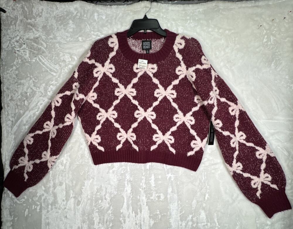 Derek Heart Burgundy & Pink Bows Cropped Sweater L NWT